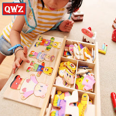 QWZ Little Bear Change Clothes Children's Early Education Wooden Jigsaw Puzzle Dressing Game Baby Puzzle Toys For Children Gift Shopping