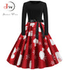 Image of Winter Christmas Dresses Women 50S 60S Vintage Robe Swing Pinup Elegant Party Dress Long Sleeve Casual Print Black Shopping