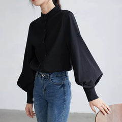 Big Lantern Sleeve Blouse Women Autumn Winter Single Breasted Stand Collar Shirts Office Work Blouse Solid Vintage Blouse Shirts Shopping