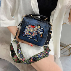 Vintage Embroidery Elephant Bag Bags Wide Butterfly Strap PU Leather Women Shoulder Crossbody Bag Tote Women's Handbags Purses Shopping