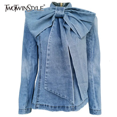 TWOTWINSTYLE Patchwork Bow Denim Women's Jacket Stand Collar Long Sleeve Vintage Ruched Jackets For Female 2022 Fashion Clothing Shopping