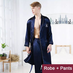 Men Robe Set Satin Loose Kimono Bathrobe Gown Sexy Long Sleeve Autumn Sleepwear Nightgown Bridegroom Wedding Intimate Lingerie Shopping