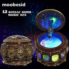 Retro Zodiac 12 Signs Music Box Manual Arts 12 Constellation Musical Boxes with Led Flash Lights Valentine's Day Birthday Gift Shopping