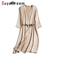 SuyaDream 100% Natural silk Women Robes Silk Satin Knee length robe Belted Healthy Sleep wear 2021 Spring Fall Home Wears Kimono Shopping