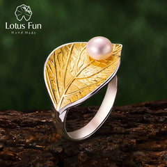 Lotus Fun Real 925 Sterling Silver Natural Pearl 18K Gold Leaf Ring Fine Jewelry Creative Designer Open Rings for Women Bijoux Shopping