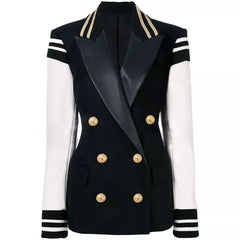 HIGH STREET New Fashion 2024 Classic Varsity Jacket Women's Lion Buttons Double Breasted Leather Sleeve Patchwork Blazer Shopping