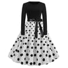 Image of Winter Christmas Dresses Women 50S 60S Vintage Robe Swing Pinup Elegant Party Dress Long Sleeve Casual Print Black Shopping