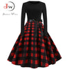 Image of Winter Christmas Dresses Women 50S 60S Vintage Robe Swing Pinup Elegant Party Dress Long Sleeve Casual Print Black Shopping