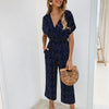 Image of Lossky Women Jumpsuits Rompers Summer Casual Print V-neck Pocket Overalls Jumpsuit Short Sleeve Wide Leg Loose Jumpsuit Shopping