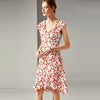 Image of 2023 spring and summer women's new fashion V-neck ruffled waist slimming silk printed A-line dress Shopping