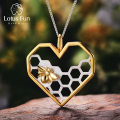 Lotus Fun Real 925 Sterling Silver Fine Jewelry Honeycomb Home Guard 18K Gold Bee Love Heart Pendant without Chain for Women Shopping