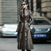 Image of Nerazzurri Autumn Long Brown Black Soft Faux Leather Trench Coat for Women Belt Skirted Elegant Luxury Fashion 5xl 6xl 7xl 2022 Shopping