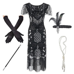 1920s Flapper Roaring Plus  Size 20s Great Gatsby Fringed Sequin Beaded Dress and Embellished Art Deco Dress Accessories XXXL