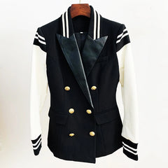 HIGH STREET New Fashion 2024 Classic Varsity Jacket Women's Lion Buttons Double Breasted Leather Sleeve Patchwork Blazer