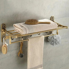 Aluminum Foldable Antique Brass Bath Towel Rack Active Bathroom Towel Holder Double Towel Shelf With Hooks Bathroom Accessories