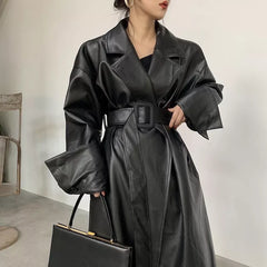 Image of Lautaro Long oversized leather trench coat for women long sleeve lapel loose fit Fall Stylish black women clothing streetwear