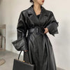 Image of Lautaro Long oversized leather trench coat for women long sleeve lapel loose fit Fall Stylish black women clothing streetwear Shopping