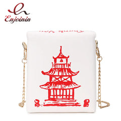 ENJOININ Chinese Takeout Box Purse Pu Leather Women Handbag Fashion Crossbody Bag Shoulder Chain Bag for Girl Bucket Bag Shopping