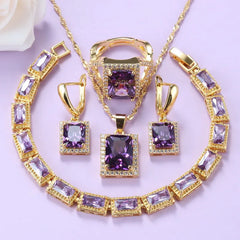 Mexican Jewelry Sets Gold-Color Romantic Wedding Bridal Accessories Purple Crystal NecklaceAnd Earrings Bracelet Sets Shopping