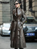 Image of Nerazzurri Autumn Long Brown Black Soft Faux Leather Trench Coat for Women Belt Skirted Elegant Luxury Fashion 5xl 6xl 7xl 2022 Shopping