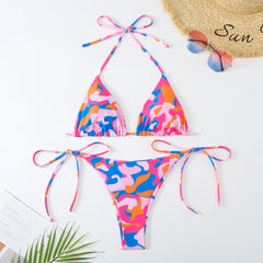 Ladies Split Contrast Color Sexy Lacing Triangle Bikini