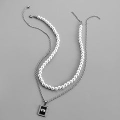 Stylish And Simple Personality All-match Stainless Steel Square Plate Eye Pearl Necklace