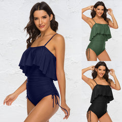 Solid Color Girl Sexy Shoulder Strap Big Ruffled One-piece Type Triangle Swimsuit Shopping