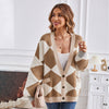 Image of V-neck Rhombus Plaid Patchwork Knitting Cardigan Coat For Women Shopping