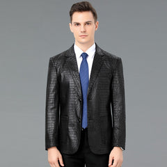 Men's Leather Coat Suit Collar Single-breasted Crocodile Pattern