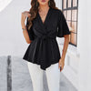 Image of Women's Elegant Short Sleeve Lace-up Waist Top Shopping