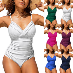 Swimsuit Solid Color Hard Bag Cross Multi-color Pleated Belly Covering Sexy Shopping