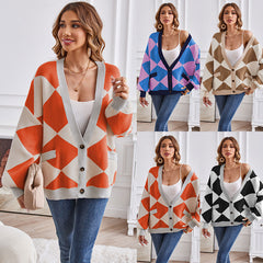 V-neck Rhombus Plaid Patchwork Knitting Cardigan Coat For Women Shopping