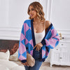 Image of V-neck Rhombus Plaid Patchwork Knitting Cardigan Coat For Women Shopping