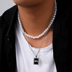 Stylish And Simple Personality All-match Stainless Steel Square Plate Eye Pearl Necklace Shopping