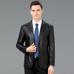 Men's Leather Coat Suit Collar Single-breasted Crocodile Pattern Shopping