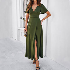 Women's Solid Color Elegant Slim V-neck Dress Shopping