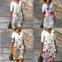 Flower Leaves Printing Rendering V-neck Dress Shopping