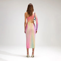 Color Gradient Hot Drilling Sexy One-shoulder Hollow Dress