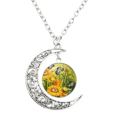 Van Gogh Starry Night Painting Moon Necklace Glass Round