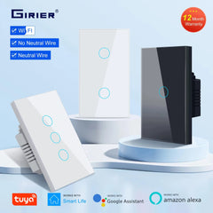 GIRIER Smart Wifi Touch Switch No Neutral Wire Required Smart Home 1/2/3 Gang Light Switch 100-240V Works with Alexa Hey Google Shopping