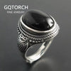 Image of Real Pure 925 Sterling Silver Natural Black Onyx Stone Rings For Women Vintage Style Thai Silver Resizable Open Type Shopping