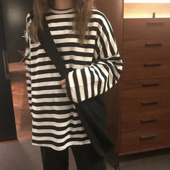 spring Autumn Women harajuku Striped Tshirt Long Sleeve O-Neck T-Shirts ulzzang Korean Casual oversized T Shirt Femme black Tops Shopping