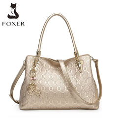 FOXER Occident Style Gold Top Handle Bag Fashion Women's Split Leather Large Capacity Handbag Lady Luxury Shoulder Crossbody Bag Shopping