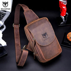 BULLCAPTAIN Men's Crossbody Bags Crazy Horse Leather Chest Bag's Leather Crossbody Bages Retro Men's Zip Pocket Short Travel Bag Shopping