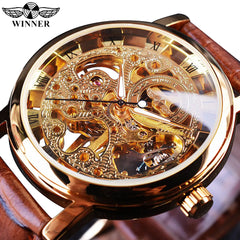 Winner Transparent Golden Case Luxury Casual Design Brown Leather Strap Mens Watches Top Brand Luxury Mechanical Skeleton Watch Shopping