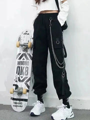 Women Cargo Pants  Harem Pants Fashion Punk Pockets Jogger Trousers With Chain Harajuku Elastics High Waist Streetwear Shopping