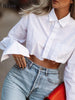 Image of Bclout Fashion White Crop Tops Women 2024 Blouses Elegant Flare Sleeve Asymmetry Black Shirts Blouses Streetwear Sexy Top Spring Shopping