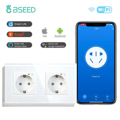 BSEED Smart Wifi Double Socket EU Standard Work With Tuya Alexa Smart Life Crystal Glass Panel Wifi Outltes Timer Function - Shopping