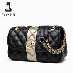 FOXER Women Crossbody Bag Diamond Lattice Handbag Lady Armpit Shoulder Bag Girl's Split Leather Chain Strap Black Messenger Bags Shopping