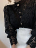 Image of Women Chiffon Button Turtleneck Shirt Chic Elegant Floral Lace Fluffy Long Sleeve Top Fashion Hollow Oversize White Blouse 2024 Shopping